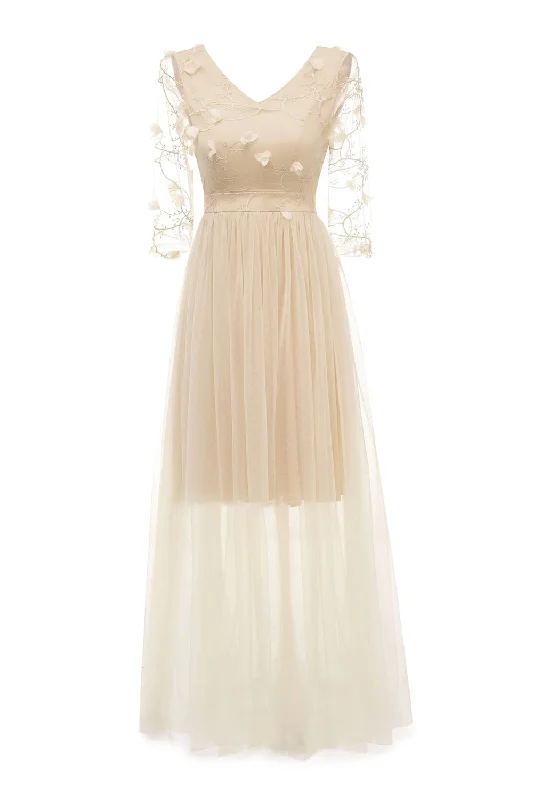 Apricot Tulle Long Sleeve Vintage Dress With Appliques