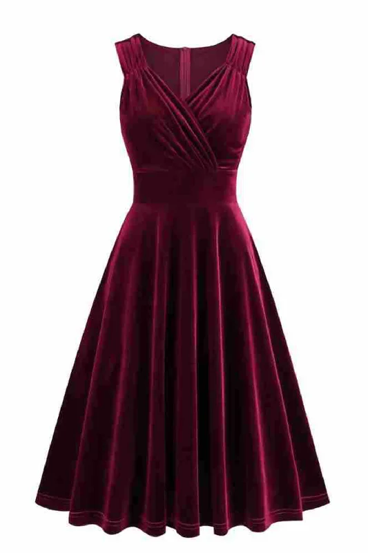 Burgundy A Line V Neck Pleated Short Vintage 1950s Dress