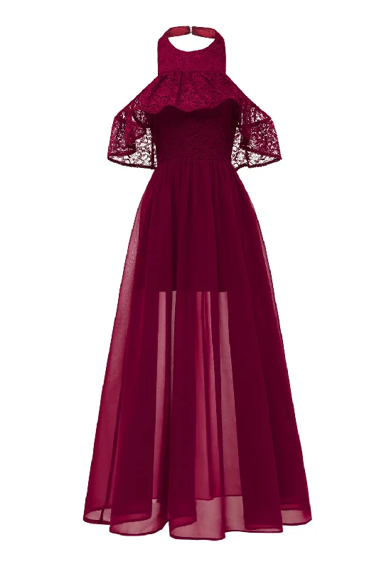 Burgundy Halter Tulle Vintage Dress With Lace