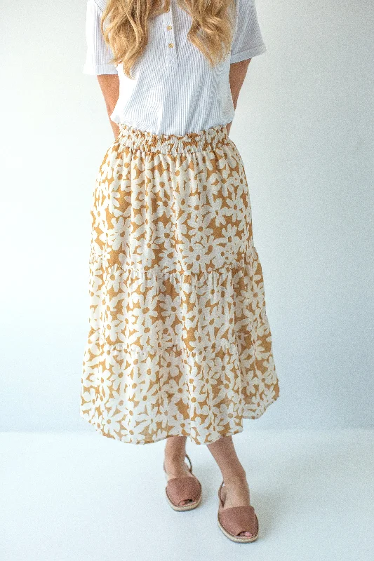 'Marisol' Flower Poplin Tiered Midi Skirt in Golden FINAL SALE