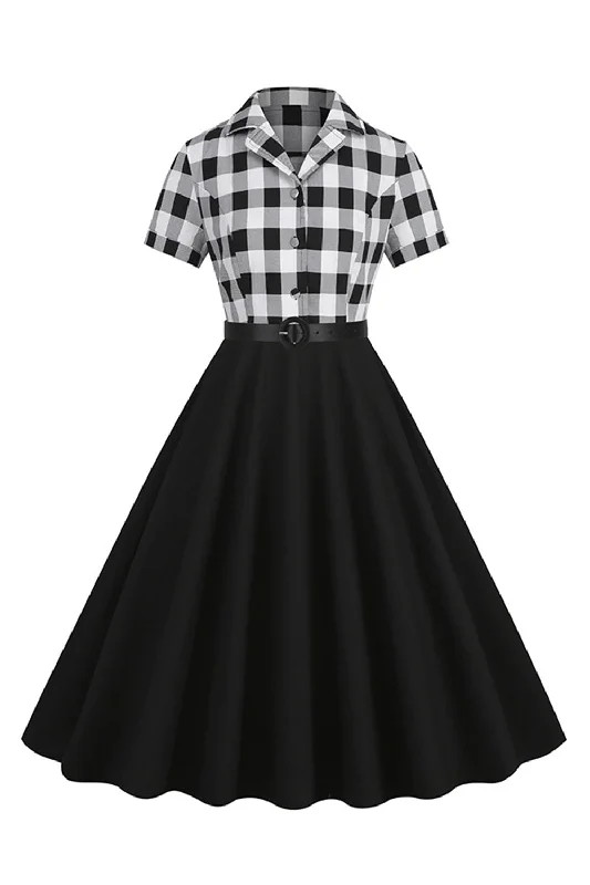 V-Neck Short Sleeves Plaid Black 1950s Dress with Belt