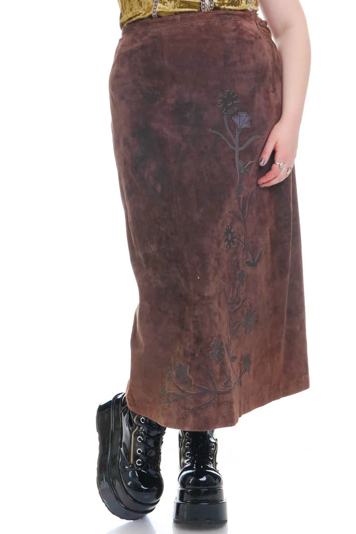 Vintage 90's Brown Suede Leather Flower Skirt - XL