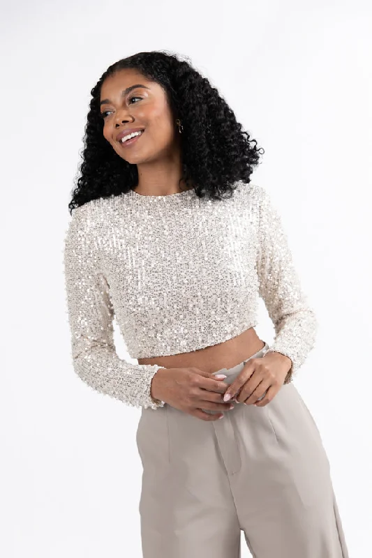 In Good Spirits Beige Pearl And Sequin Embellished Crop Blouse