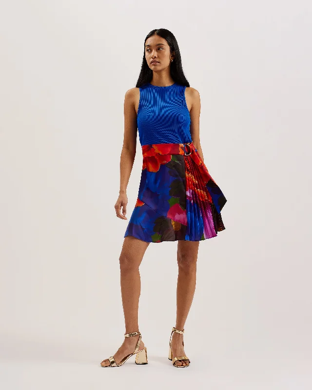 Sandiyy Printed Pleated Mini Dress With Knit Blue