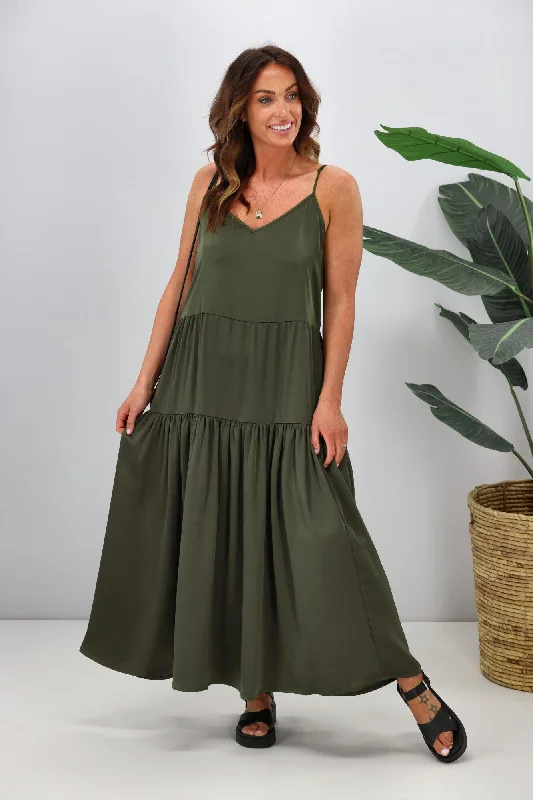 Shine On Label Harrie Satin Maxi Dress Olive