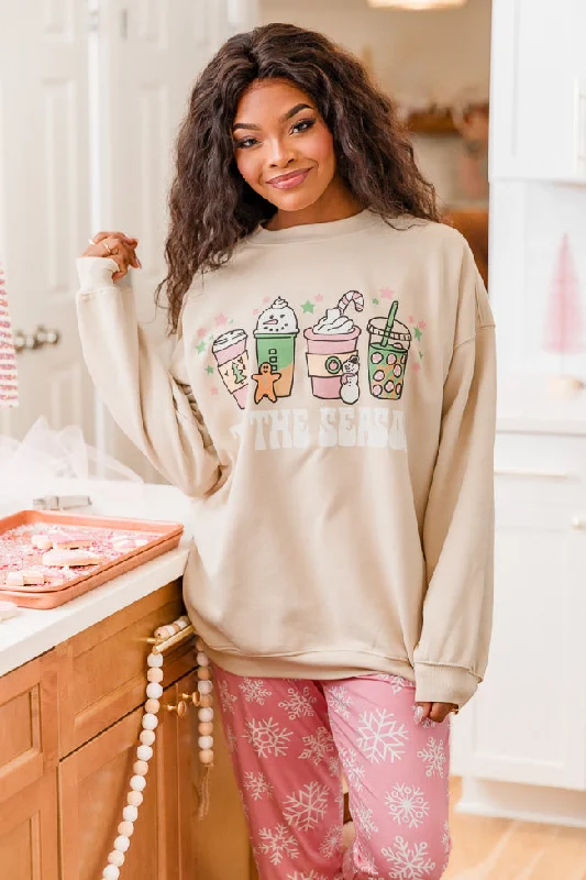 Tis The Season Winter Light Tan Oversized Graphic Sweatshirt