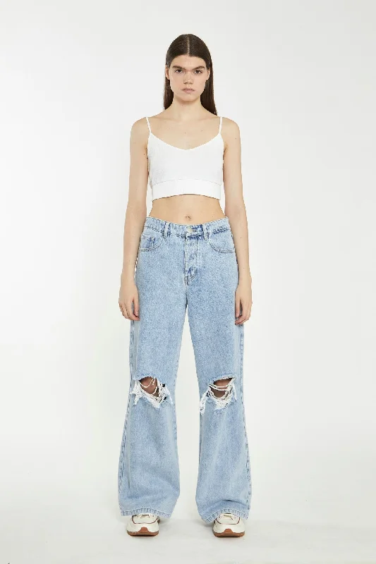 Light Stonewash Wide-Leg Ripped Jeans