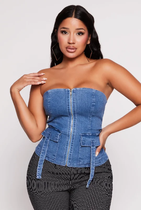 Denim Zip Front Flap Pocket Tube Top