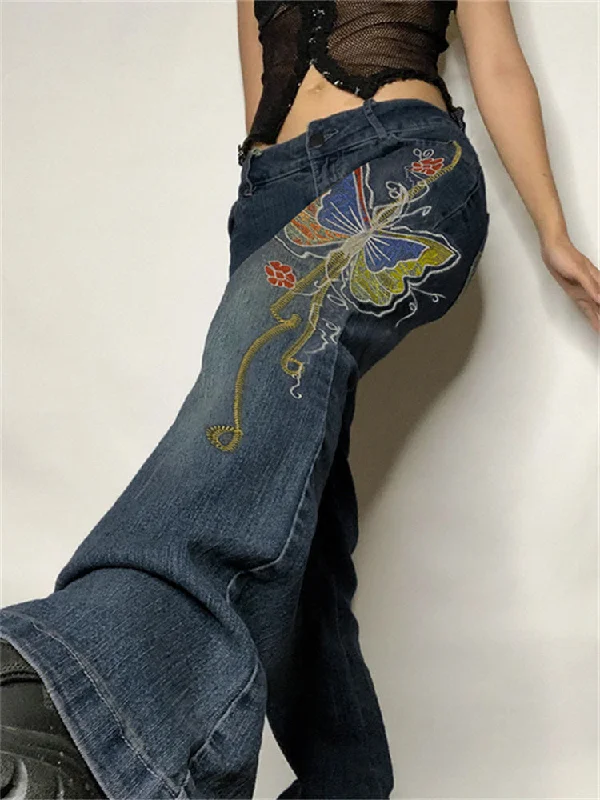 Amy Fashion - Butterfly Print Y2K Denim Jeans