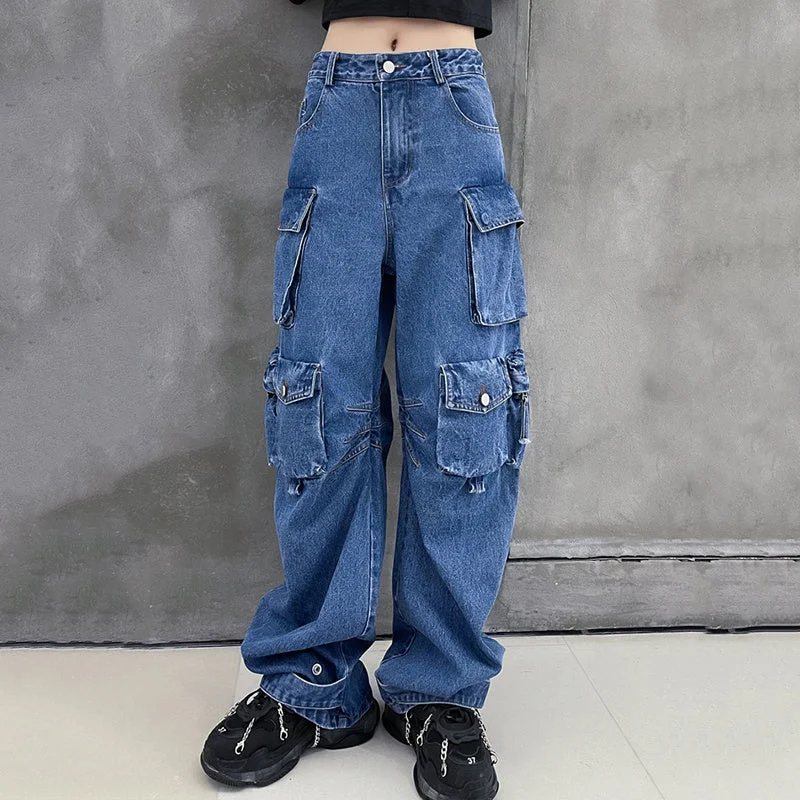 Amy Fashion - Dark Blue Pockets Wide Leg Jeans