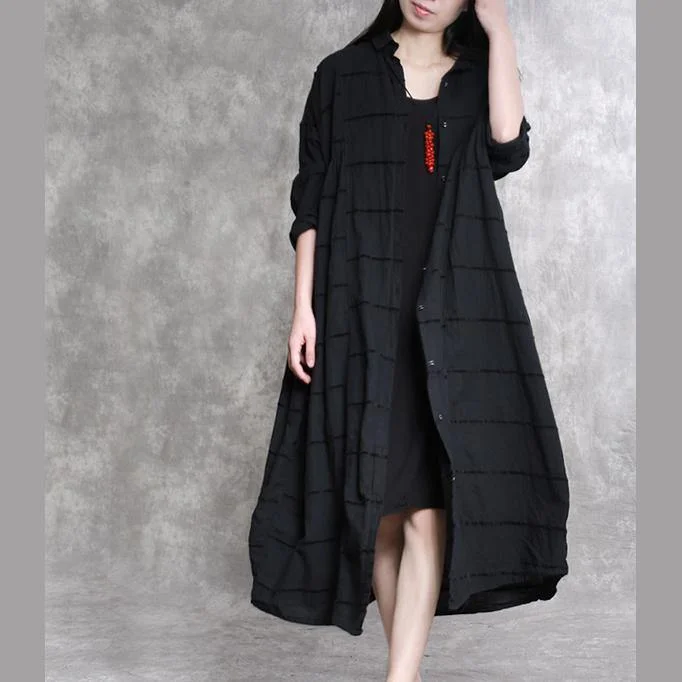 2017 autumn black linen long coat plus size large hem trench coats