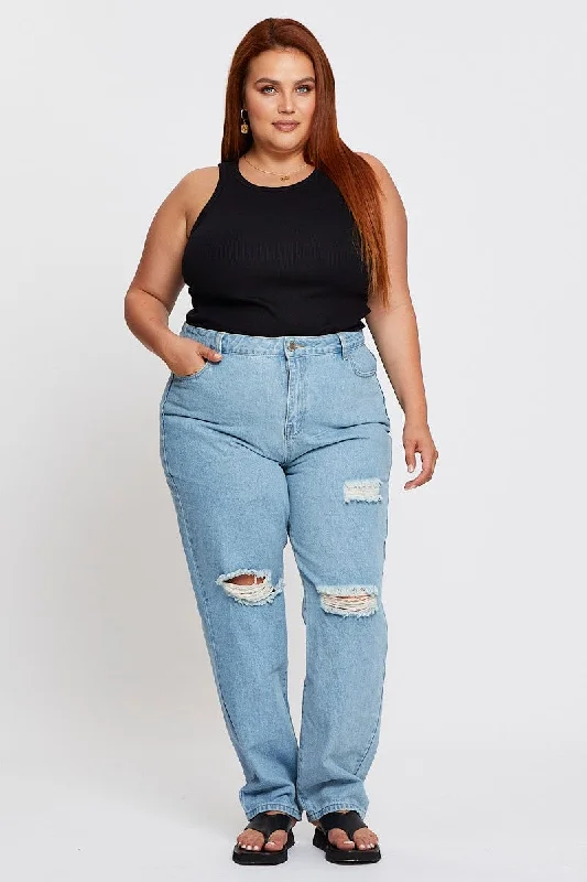 Blue Denim Jean High Rise Distressed Straight Leg