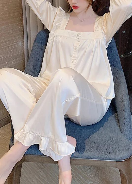 Brief Beige Square Collar Ruffled Button Solid Ice Silk Pajamas Two Pieces Set Long Sleeve