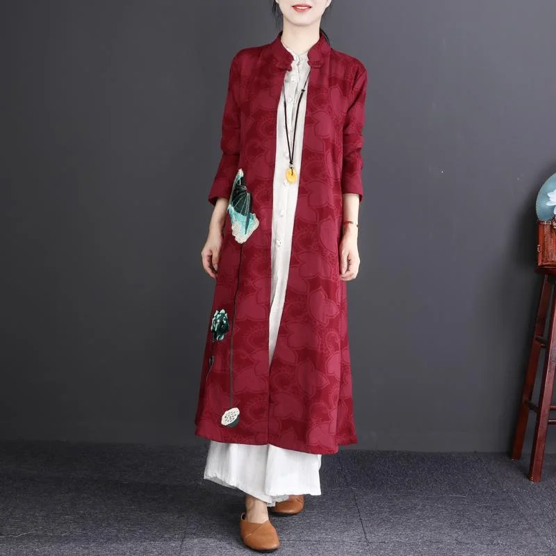 burgundy embroidery cotton linen maxi trench coat plus size Stand traveling clothing New long sleeve cardigans