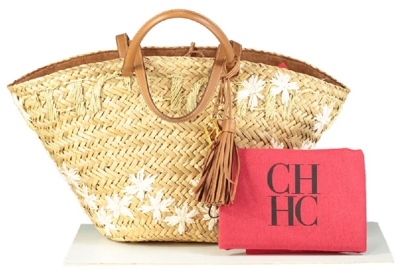 Carolina Herrera Capazo CHHC Beige Straw & Tan Leather Beach Tote Basket Bag