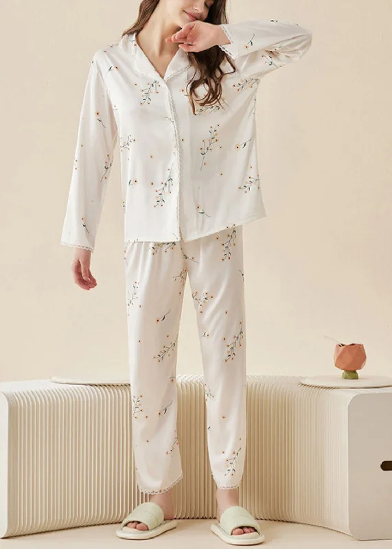 DIY White Peter Pan Collar Print Ice Silk Pajamas Two Pieces Set Spring