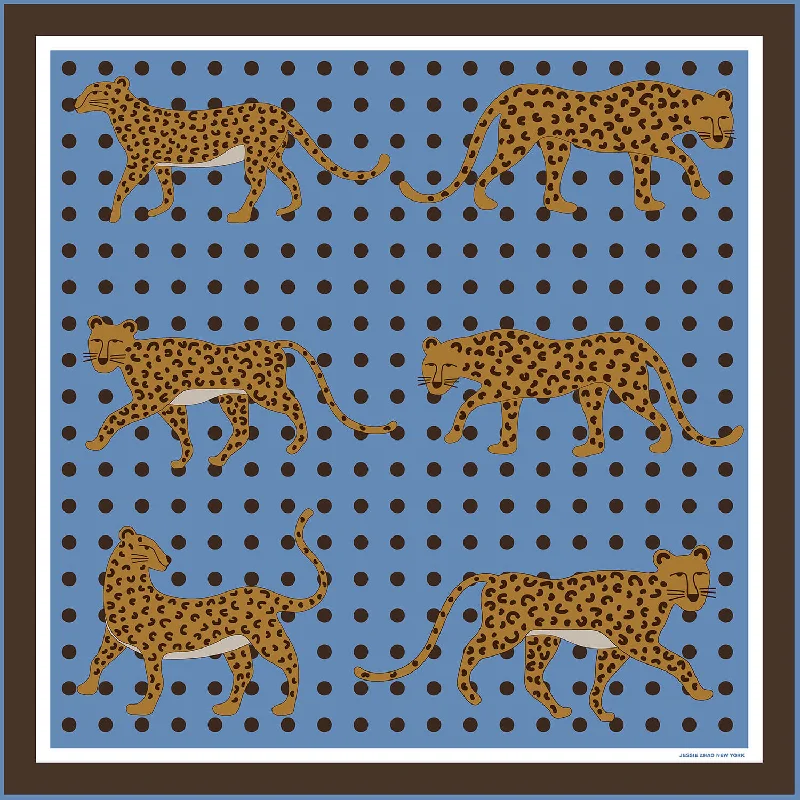 Double Sided Silk Scarf Of Blue Leopards Garden