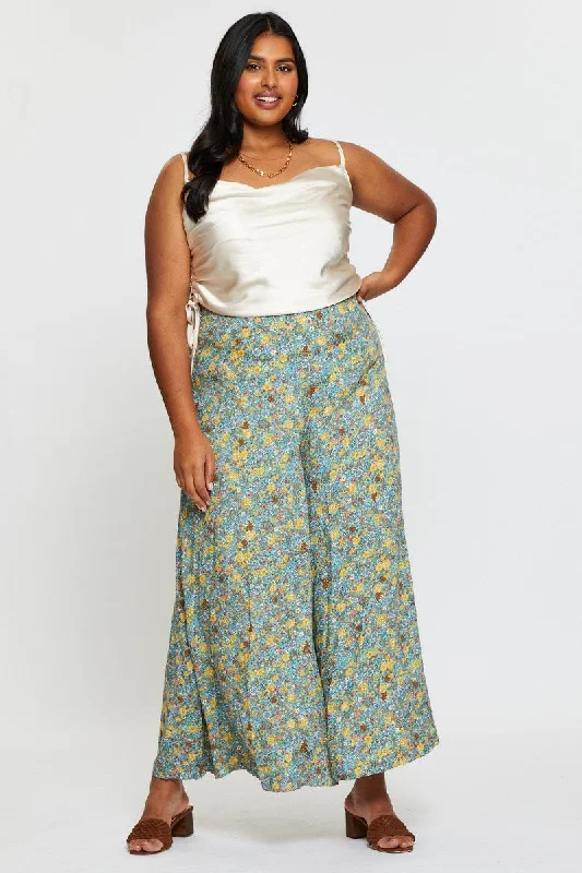 Floral Print Wide Leg Pants High Rise