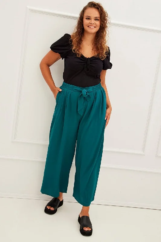 Green High Waist Wide Leg Crepe Pants