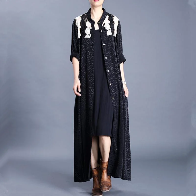 Natural stand collar Button Down Fashion maxi coat black patchwork yellow baggy cardigan