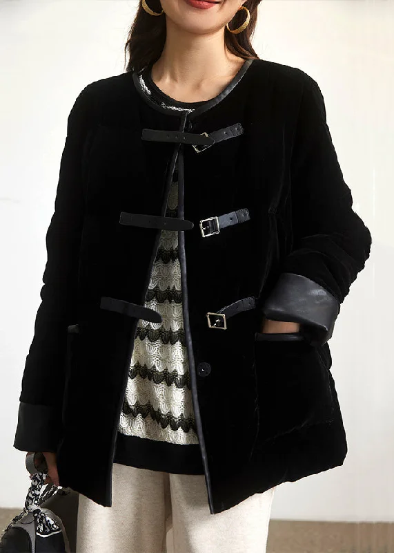 New Black Button Pockets Patchwork Duck Down Coats Long Sleeve