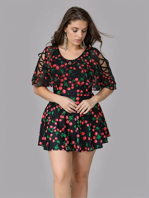 [Plus Size] Black 1930s Cherry Skirt Swimsuit