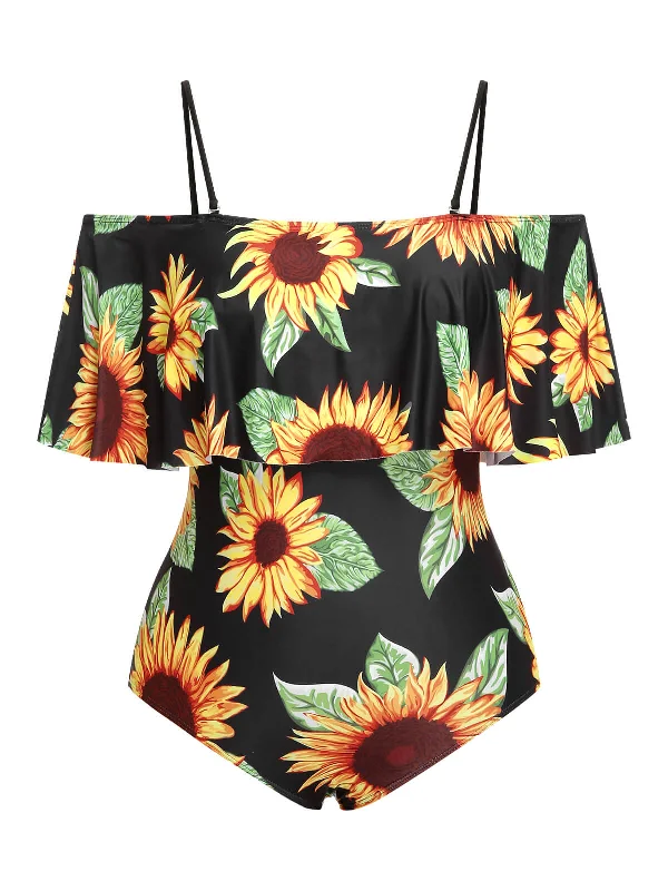 [Plus Size] Black 1940s Sunflower Cold-Shoulder Swimsuit