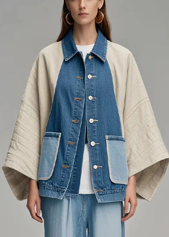 Plus Size Colorblock Oversized Patchwork Denim Coat Outwear Batwing Sleeve