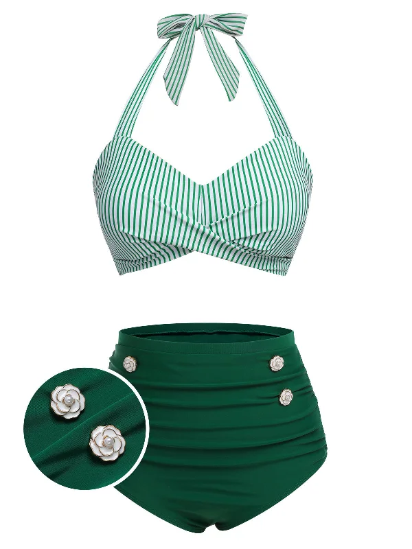 [Plus Size] Green 1940s Striped Halter Swimsuit