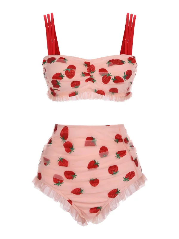 [Plus Size] 1950s Lace Strawberry Cami Tankini Set