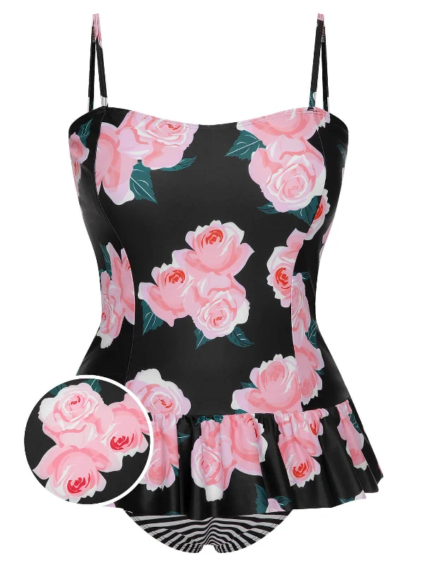 [Plus Size] Multicolor 1930s Ruffled Hem Printed Swimsuit