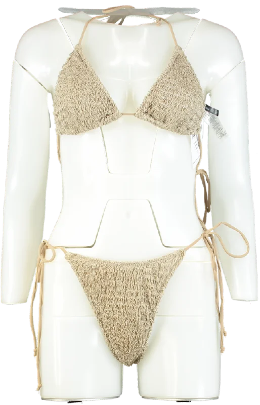 PrettyLittleThing Beige Crinkle Bikini Set UK 10