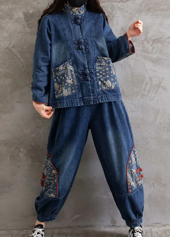 Retro Blue Stand Collar Print Cotton Denim Coats And Pants Two Pieces Set Fall