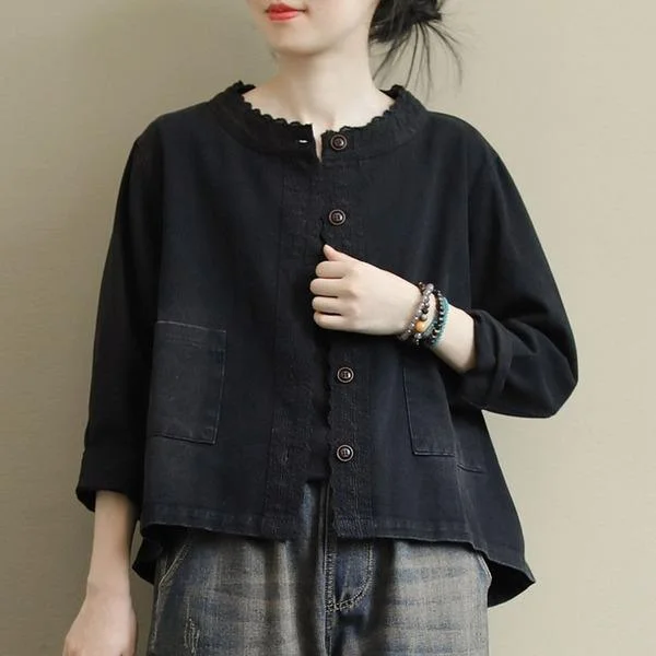 Retro Embroidery O-neck Pockets Single Breasted Long Sleeve Denim Coats