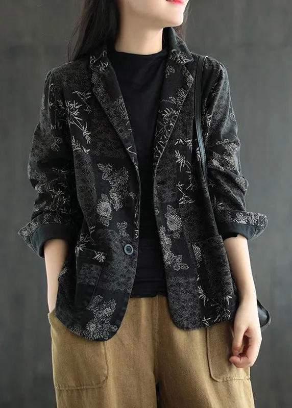 Vogue Black Notched Print Denim Coats Fall