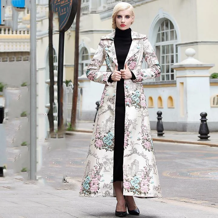 winter vintage embroidery cotton blended trench coats outwear slim long sleeve elegant long coat