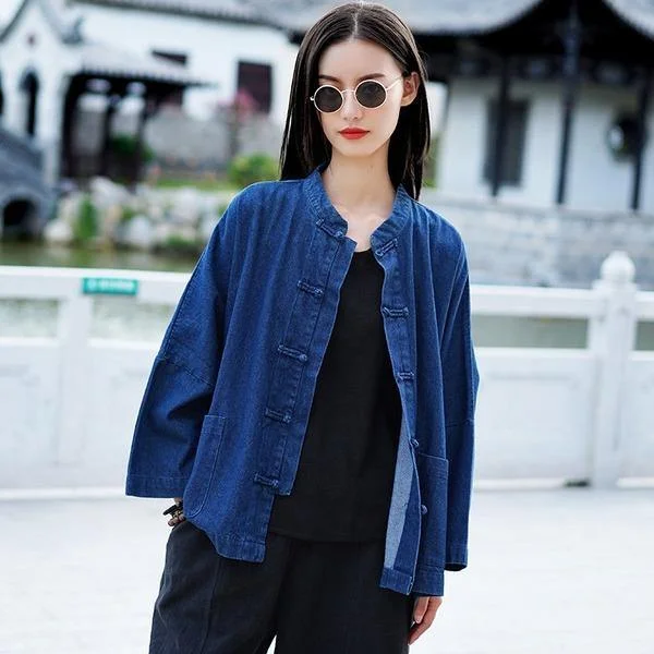 Women Autumn Winter Fashion Stand Plate Buckle Denim Coat