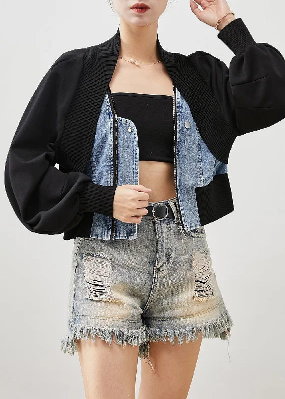 Women Black Oversized Patchwork Denim Fake Two Piece Coats Spring