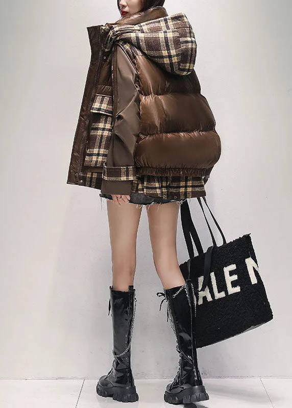 Women Coffee Oversized Patchwork Plaid Duck Down Winter Coats Winter