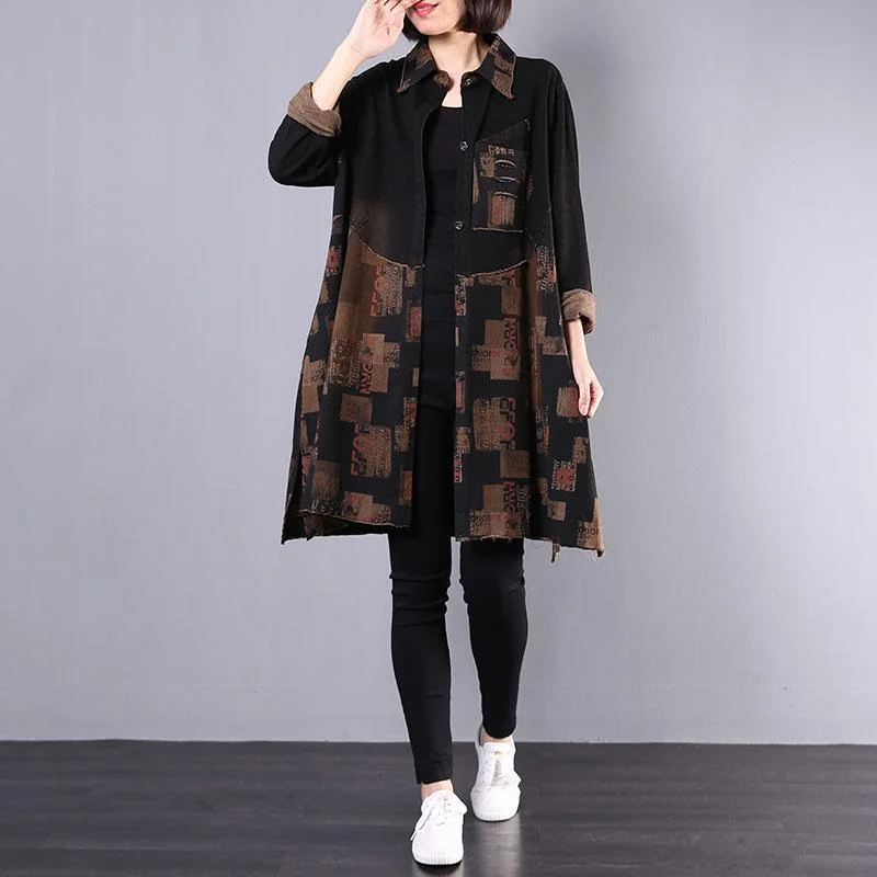 Women side open cotton clothes For Women pattern black prints trench coats fall