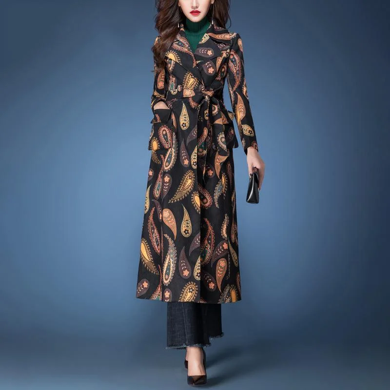 wowen stylish prints lapel collar cotton trench coat tie waist elegant coats