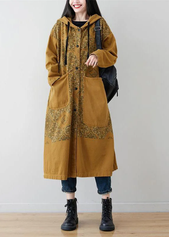 Yellow Pockets Patchwork Print Denim Hooded Long Coat Spring