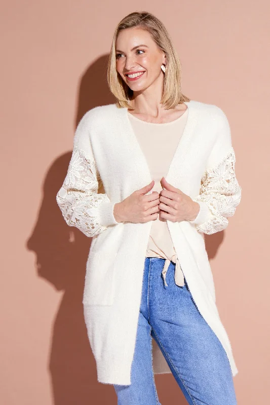 Corinda Knit Lace Sleeve Cardi - Cream