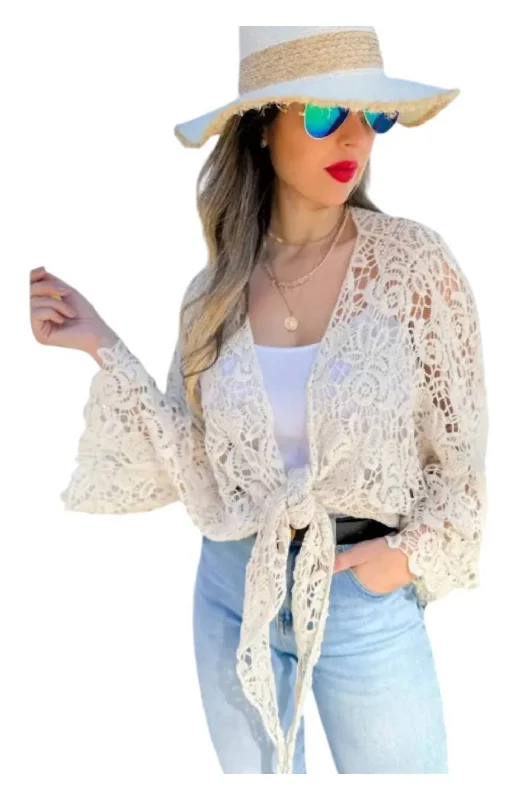 Crochet Bell Sleeve Cardigan Coverup In Ivory