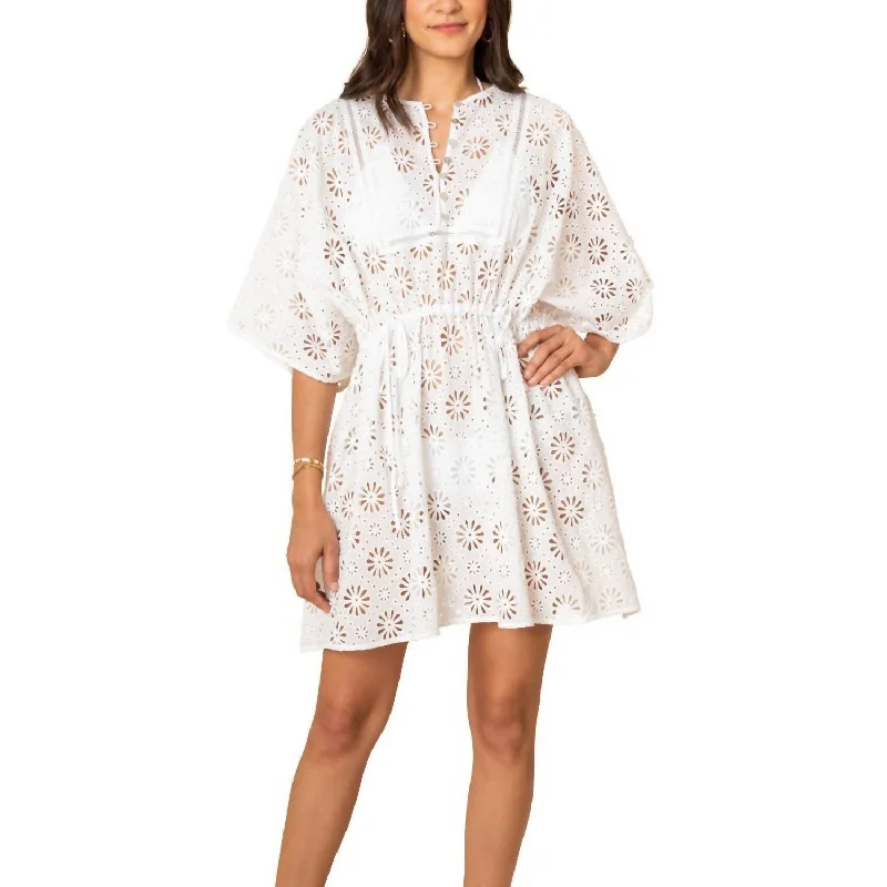 Daisy Eyelet Mini Caftan Cover Up Dress In White