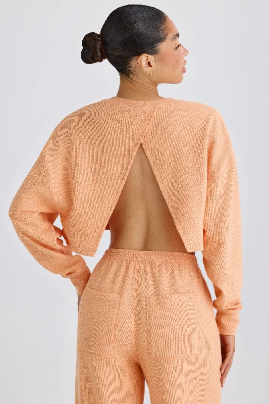 Crew-Neck Open-Back Cropped Sweatshirt in Peach