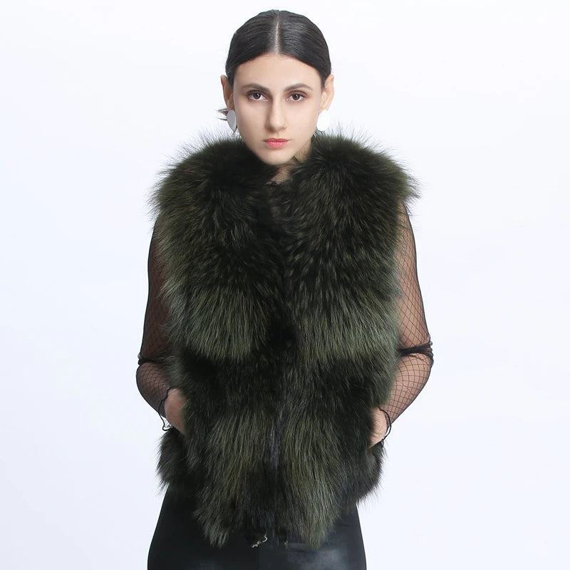 Women's Real Raccoon Fur Sleeveless V Neck Warm Winter Vest Jacket