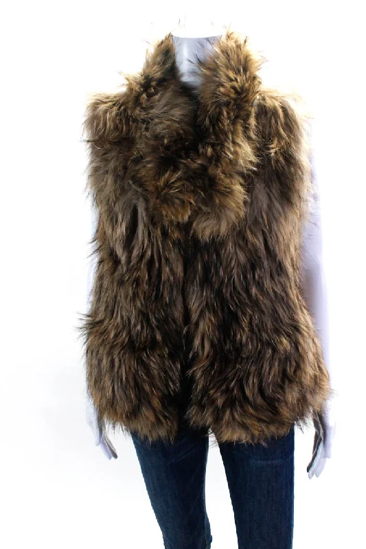 Yves Salomon Women's Open Front Sleeveless Raccoon Fur Brown Vest